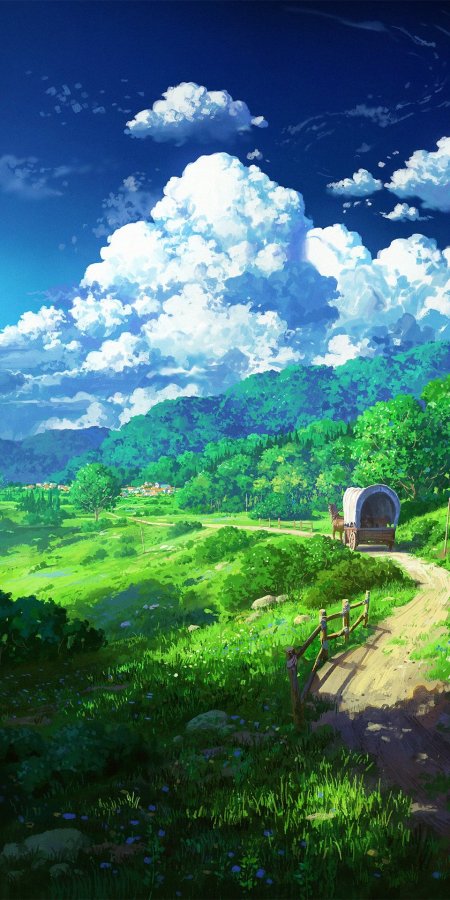 绿野山丘马车小径白云蓝天插画动漫机壁纸