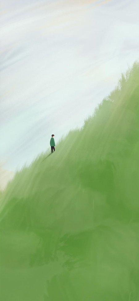 绿衣少年独行山坡青翠手绘插画手机壁纸