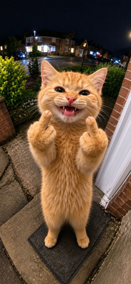 猫猫站立露齿比中指夜景搞怪可爱萌宠手机壁纸