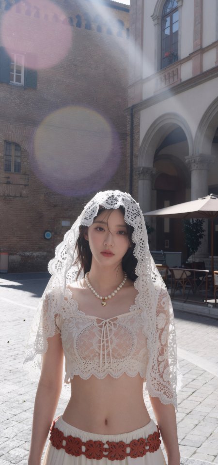 美女白蕾丝头纱珍珠项链红腰带暖光人物摄影手机壁纸