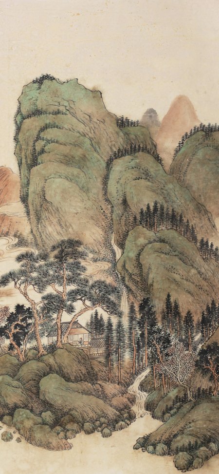 青绿山水松林茅屋溪流书画禅意古风手机壁纸