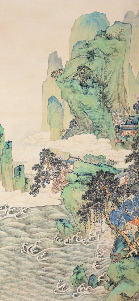 青绿山水云海松涛古寺隐现淡雅书画禅意古风手机壁纸