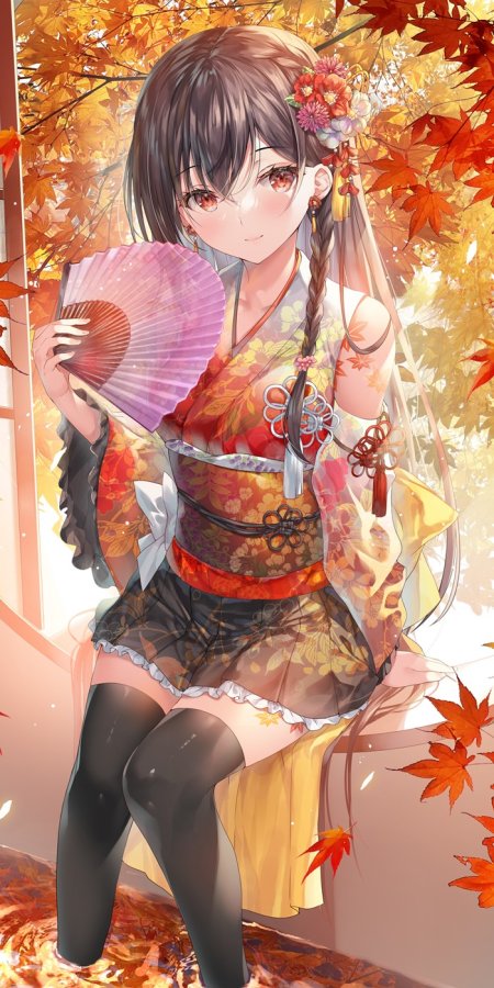 秋日枫叶下和风少女持扇微笑暖橙动漫手机壁纸