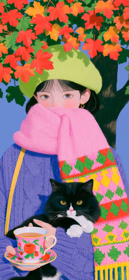 秋日枫叶下戴绿帽围粉少女抱黑猫捧花茶杯暖彩动漫手机壁纸