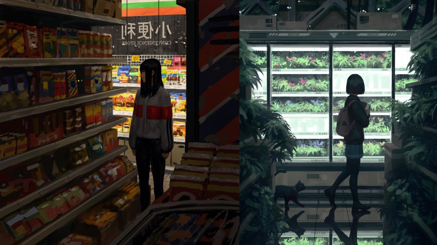 便利店少女与植物冷柜双景暗绿动漫电脑壁纸