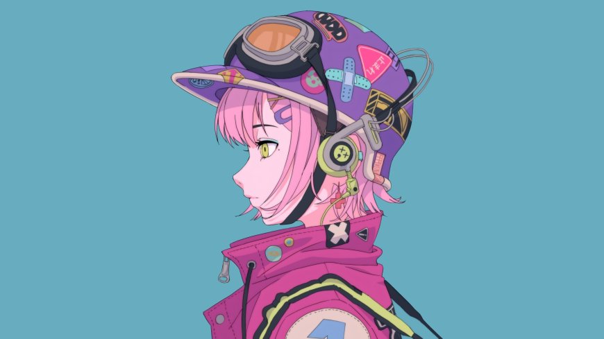 粉发少女戴贴纸头盔耳机侧脸紫粉动漫电脑壁纸