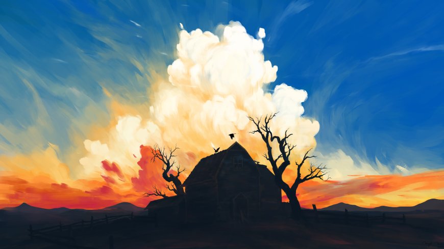 荒野小屋枯树剪影橙红晚霞手绘插画电脑壁纸