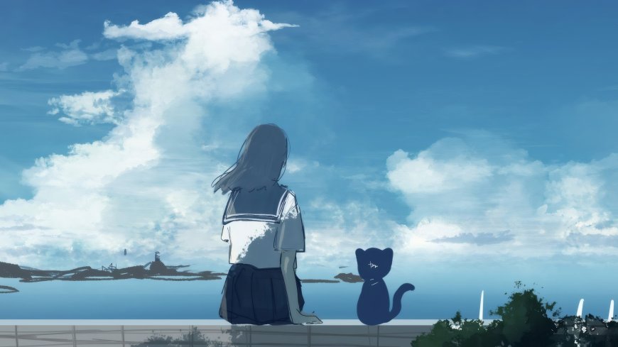 少女水手服背影黑猫相伴蓝白天空动漫电脑壁纸