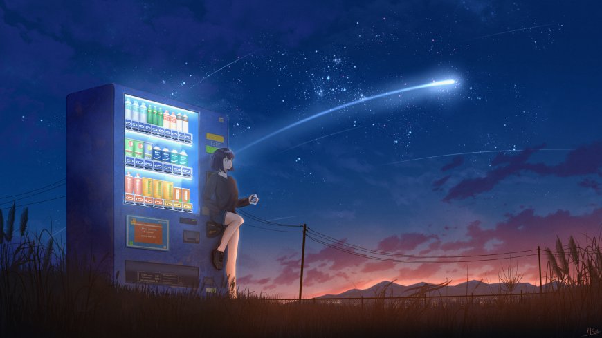 夜晚星空下自动贩卖机旁短发少女仰望流星蓝紫梦幻动漫电脑壁纸