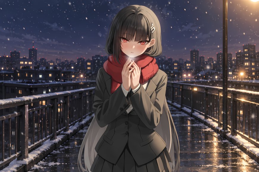 碧蓝档案调月莉音动漫少女雪夜桥上红围巾灰发红瞳蓝紫夜景动漫电脑壁纸