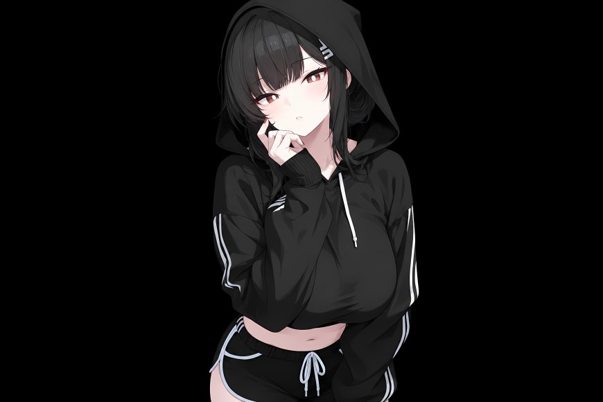 碧蓝档案调月莉音黑发红瞳连帽衫少女托腮沉思暗黑动漫电脑壁纸