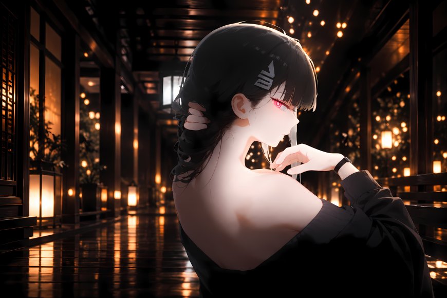 碧蓝档案调月莉音黑发红瞳少女侧身回眸暖金光影动漫电脑壁纸