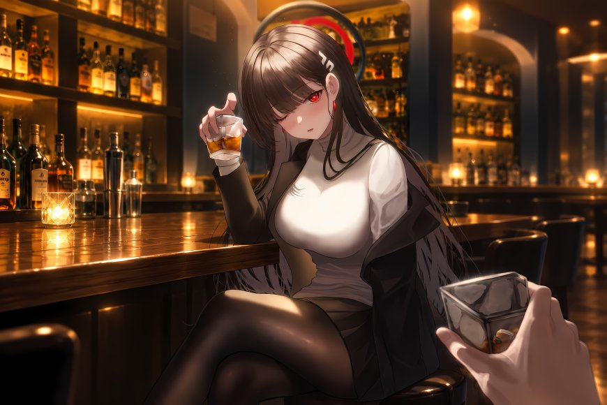 碧蓝档案调月莉音黑发红瞳少女酒吧举杯暖金动漫电脑壁纸