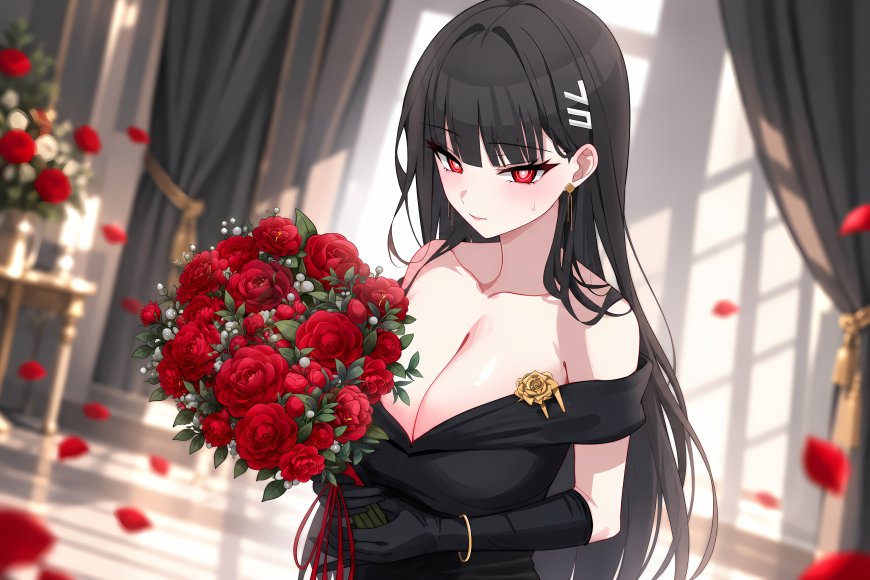 碧蓝档案调月莉音黑发红瞳少女手持红玫瑰花束黑裙金饰暗红唯美动漫电脑壁纸