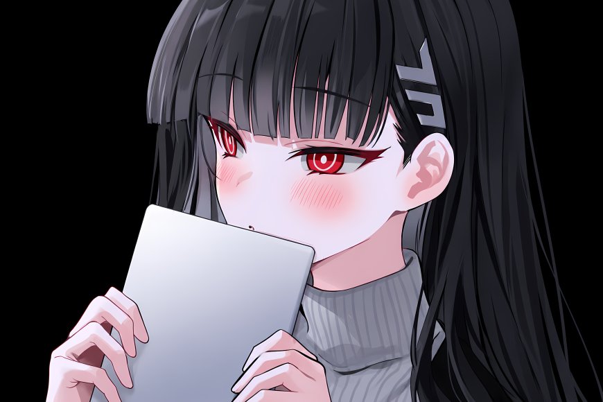 碧蓝档案调月莉音黑发红瞳少女手持平板羞涩微笑暗黑动漫电脑壁纸