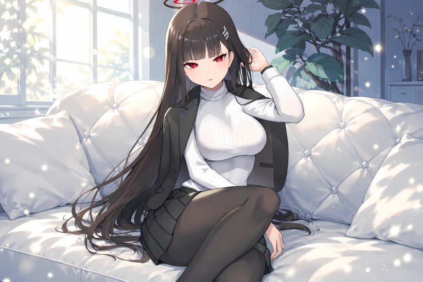 碧蓝档案调月莉音黑长直红瞳少女白高领黑西装坐沙发蓝白光斑动漫电脑壁纸