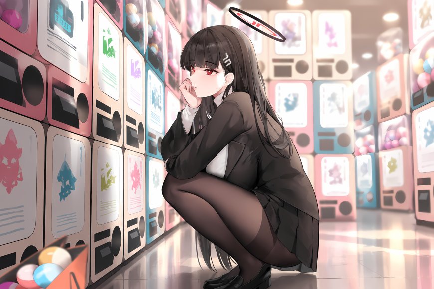 碧蓝档案调月莉音黑长直红瞳少女蹲姿凝望扭蛋机动漫电脑壁纸