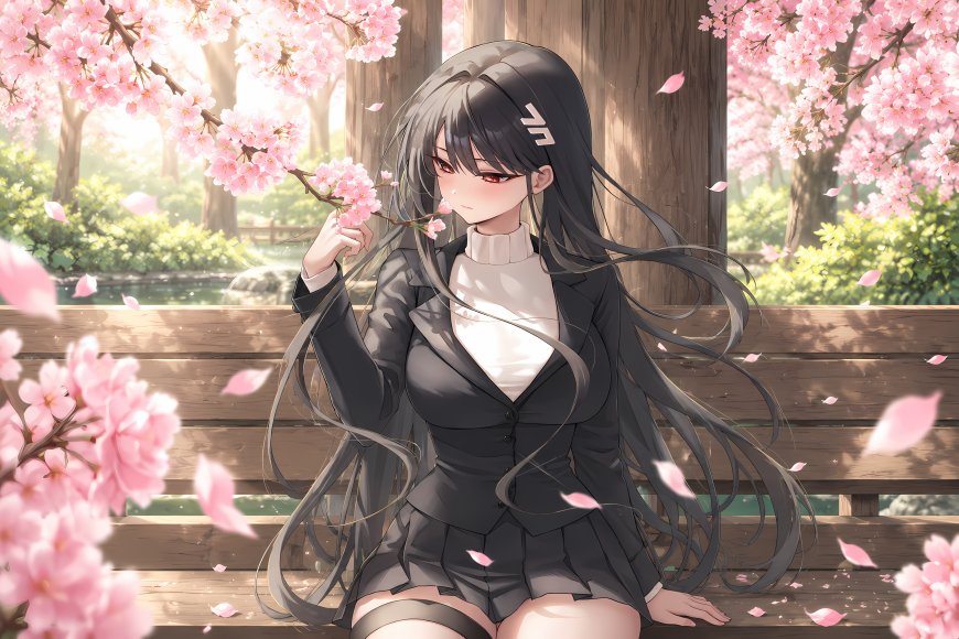 碧蓝档案调月莉音黑长直红瞳少女手持樱花枝粉白唯美动漫电脑壁纸