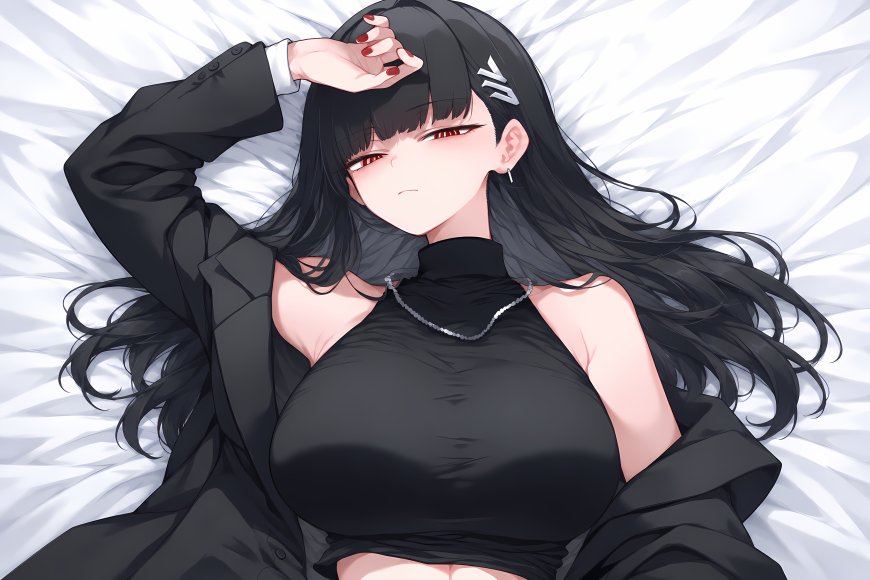 碧蓝档案调月莉音黑长直红瞳少女躺卧白床单黑衣银链动漫电脑壁纸