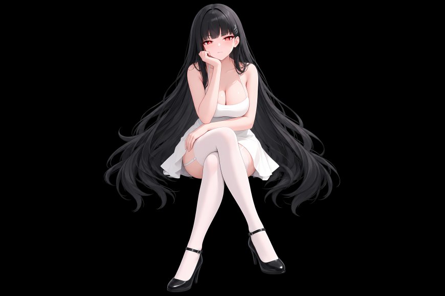 碧蓝档案调月莉音黑长直红瞳少女托腮坐姿白裙黑鞋暗黑动漫电脑壁纸