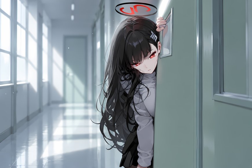碧蓝档案调月莉音黑长直红瞳少女走廊偷窥灰白动漫电脑壁纸