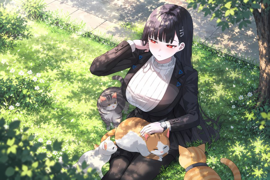 碧蓝档案调月莉音黑长直红瞳少女坐草地轻抚猫咪绿意盎然动漫电脑壁纸