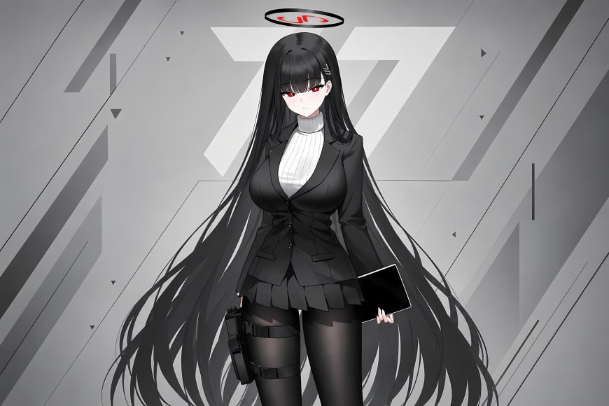 碧蓝档案调月莉音黑长直红眼少女黑西装白高领灰几何背景动漫电脑壁纸