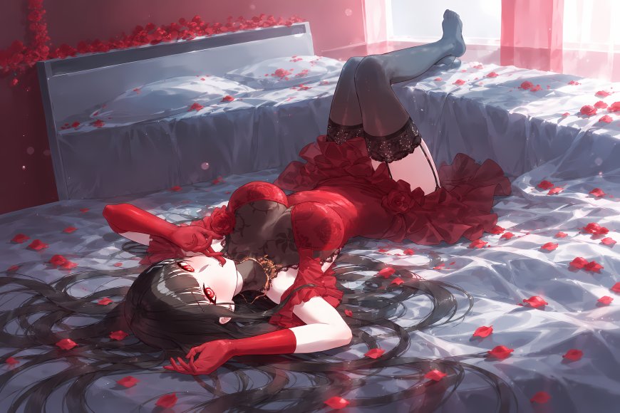 碧蓝档案调月莉音红裙黑发少女躺卧床榻玫瑰花瓣散落红白唯美动漫电脑壁纸