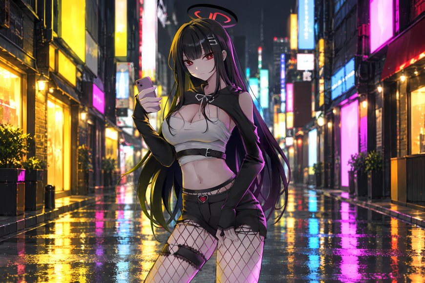 碧蓝档案调月莉音赛博朋克少女黑发红瞳霓虹夜街动漫电脑壁纸