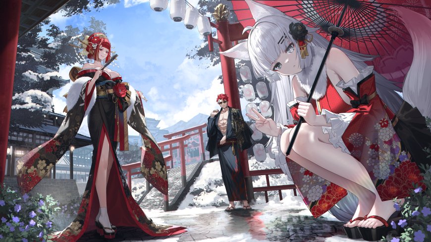 碧蓝航线同人狐妖少女红伞和服雪景神社动漫电脑壁纸