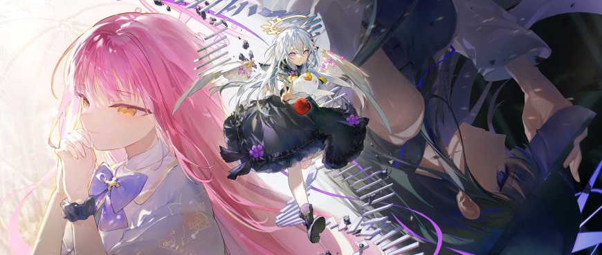 粉发少女与银发天使共舞紫白梦幻动漫电脑壁纸