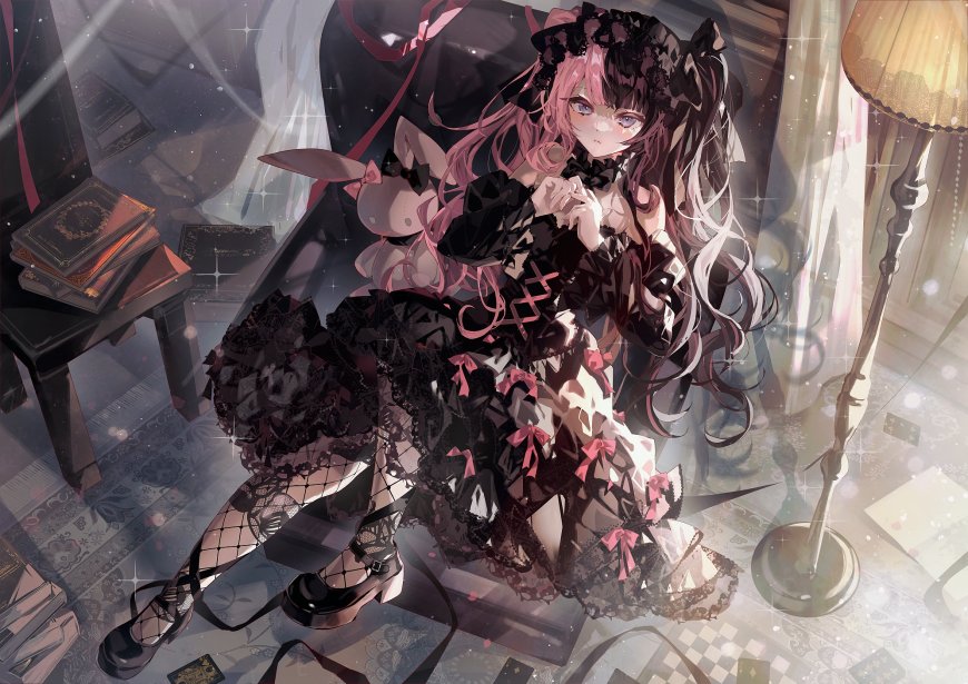 粉发双马尾黑蕾丝洛丽塔少女坐姿优雅暗紫梦幻动漫电脑壁纸