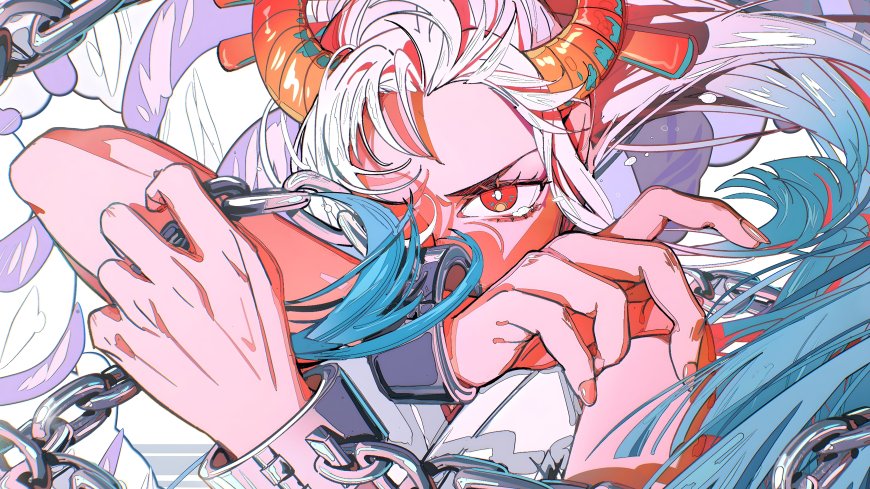 海贼王乌塔白发红瞳牛角少女握枪眼神凌厉粉蓝紫动漫电脑壁纸