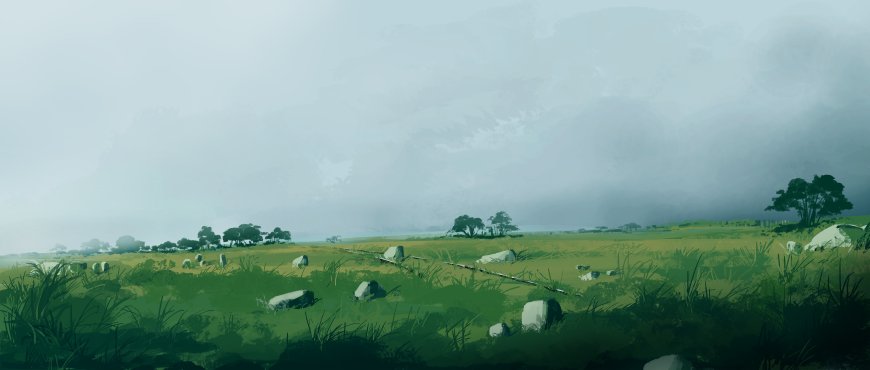 青翠草原散落石块远山朦胧灰绿动漫插画电脑壁纸