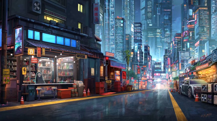 赛博朋克都市夜景霓虹闪烁蓝紫科幻动漫电脑壁纸