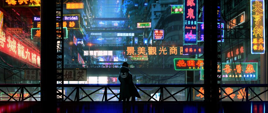 赛博朋克霓虹都市夜景蓝紫科幻电脑壁纸
