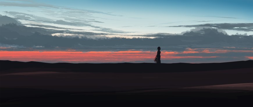 沙漠黄昏剪影少女伫立远眺橙红蓝紫风景电脑壁纸