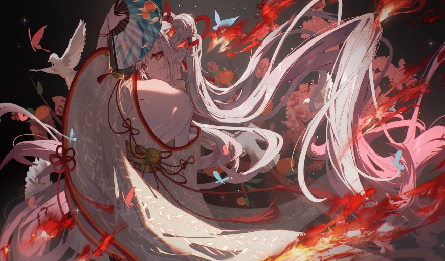 阴阳师不知火银发红瞳少女持扇回眸唯美动漫电脑壁纸