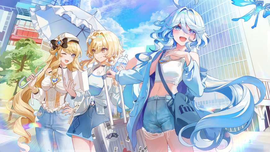 原神三位少女城市街头旅行蓝白清新动漫电脑壁纸