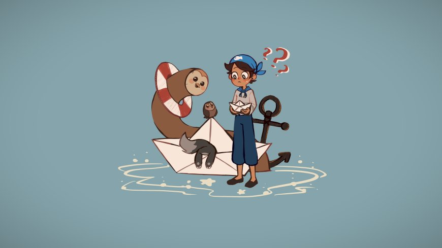 光遇旅人光遇航海少年与树懒猫头鹰纸船冒险蓝灰游戏插画电脑壁纸