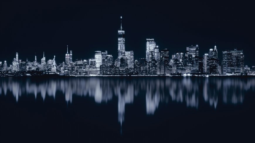 纽约曼哈顿夜景天际线倒影蓝黑城市建筑电脑壁纸