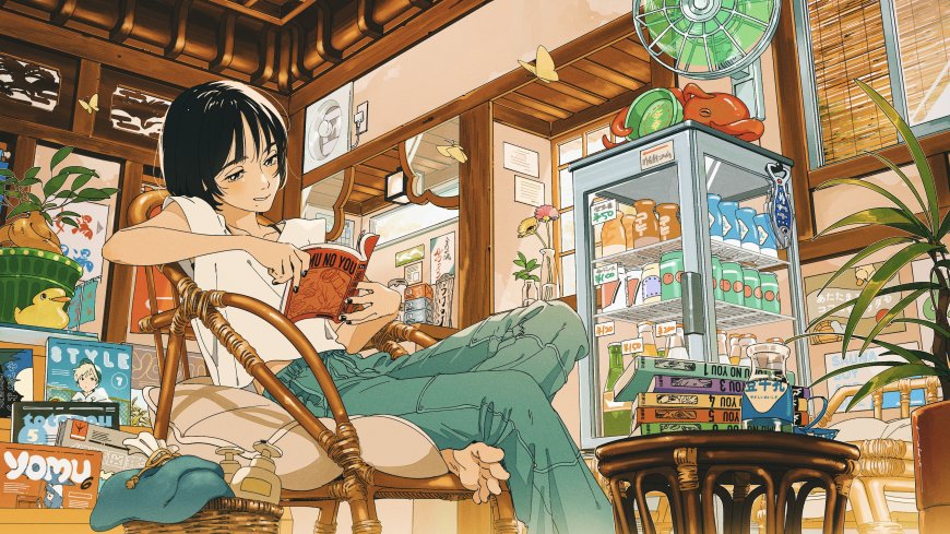 少女书店阅读暖棕文艺风动漫电脑壁纸