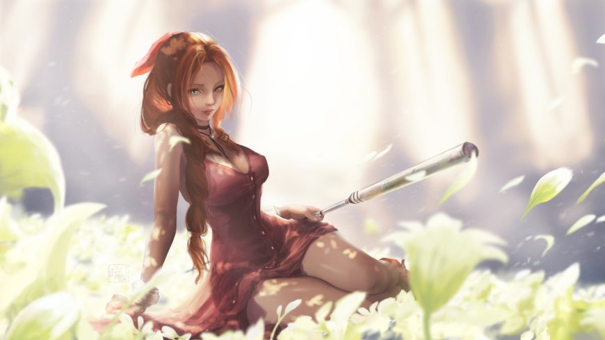 最终幻想7爱丽丝红裙持棍少女绿意朦胧动漫电脑壁纸
