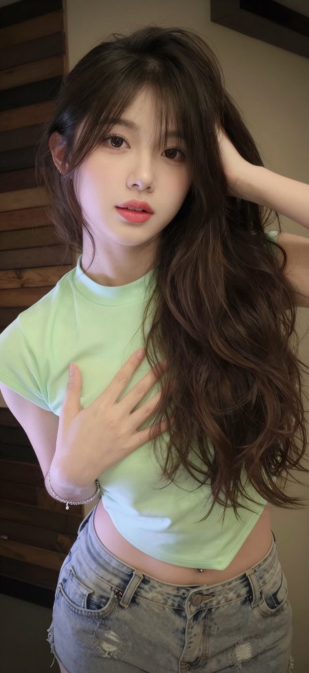 长发 美女浅绿短袖牛仔裤暖调人物摄影手机壁纸