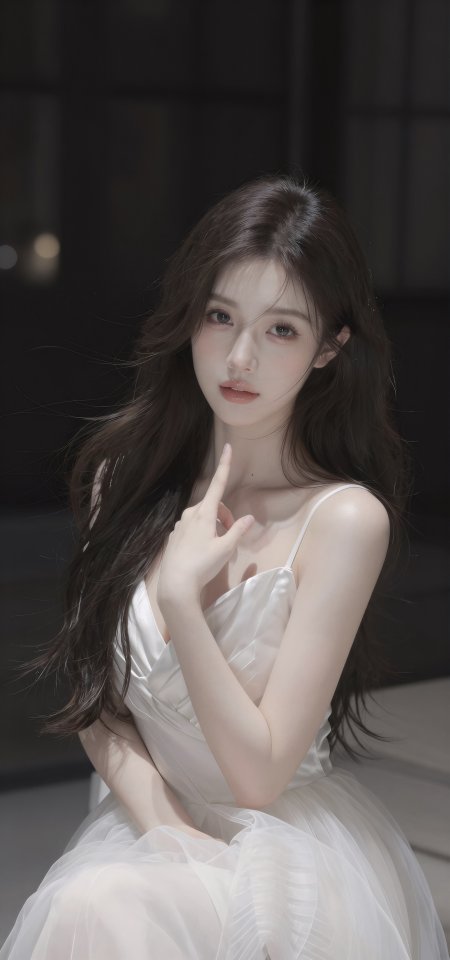 长发白衣美女指尖轻触柔光人物摄影手机壁纸