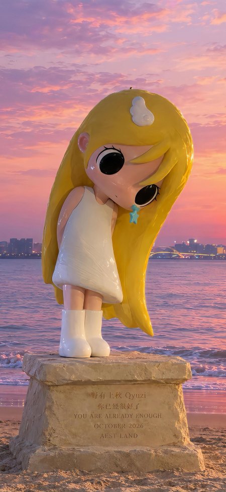 野有上秋金发少女白裙蓝星耳饰粉紫黄昏海边雕塑艺术创意手机壁纸