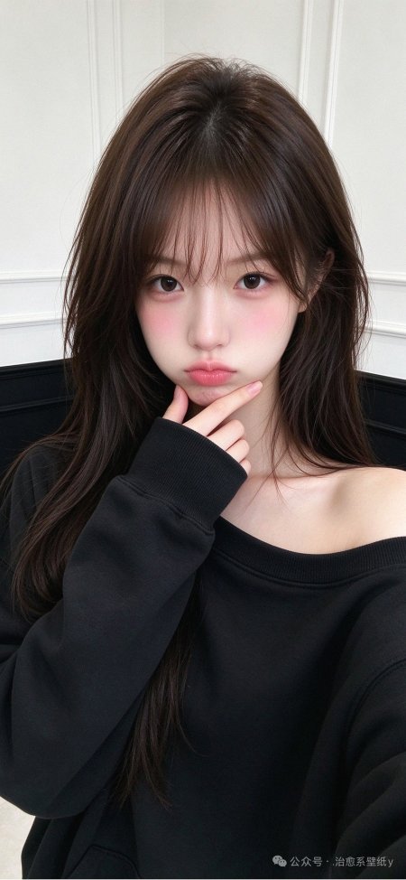长发齐刘海美女手托下巴粉嫩妆容暖白人物摄影手机壁纸