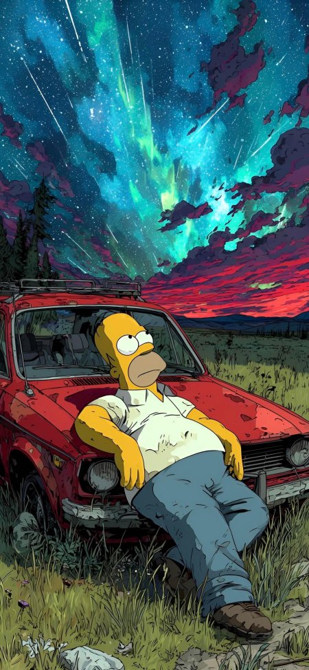 辛普森一家霍默倚靠红色旧车仰望极光星空蓝绿紫幻彩动漫手机壁纸