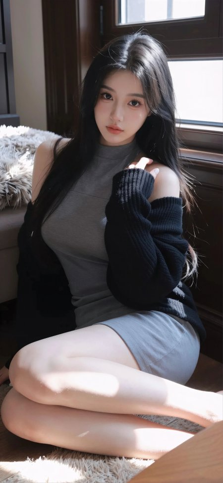长发黑衣灰裙美女阳光暖调人物摄影手机壁纸