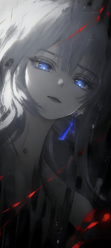 银发蓝瞳少女冷峻凝视暗灰红芒动漫手机壁纸
